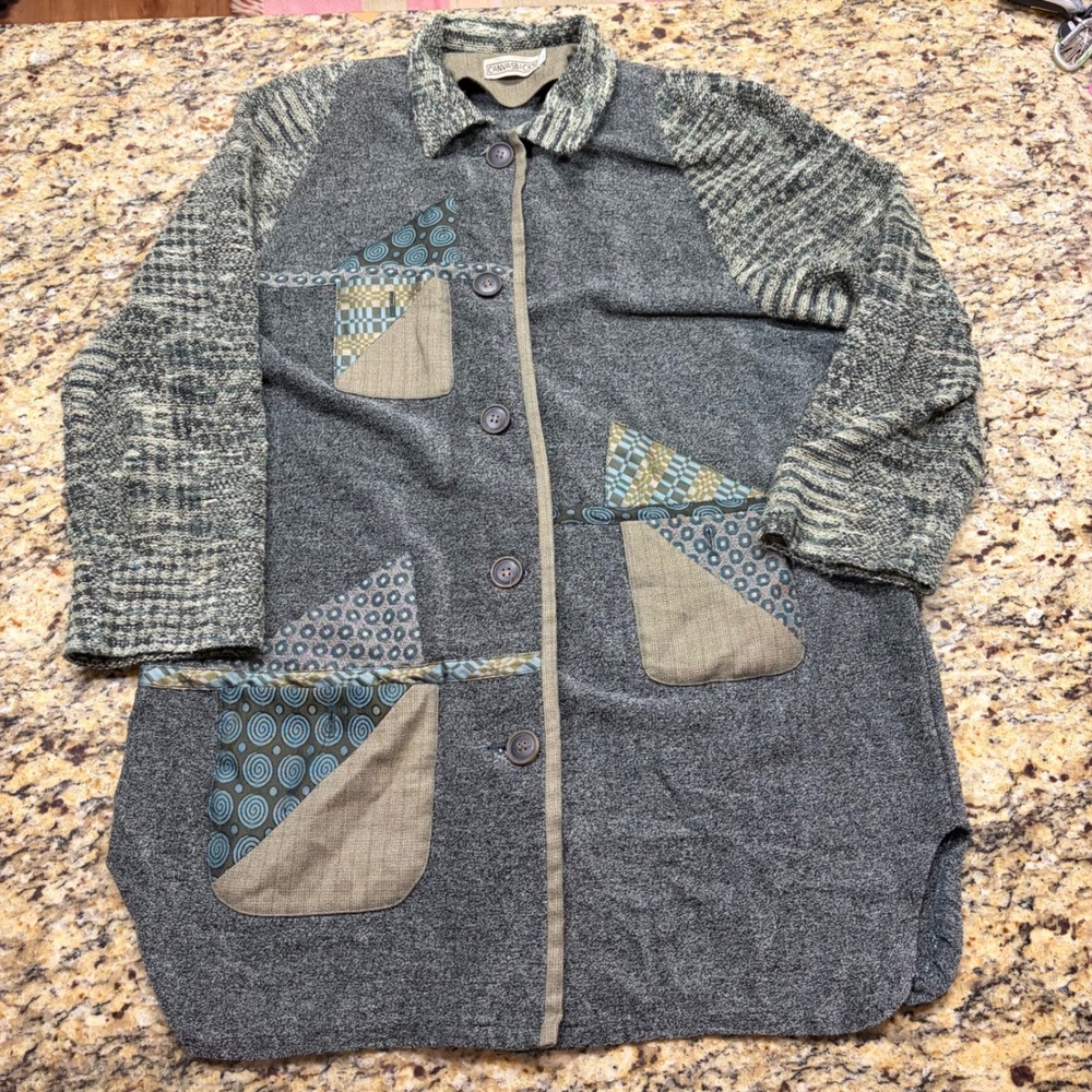 Canvasbacks Womens Grey Mixed Media Patchwork Longline Button Cardigan Jacket L